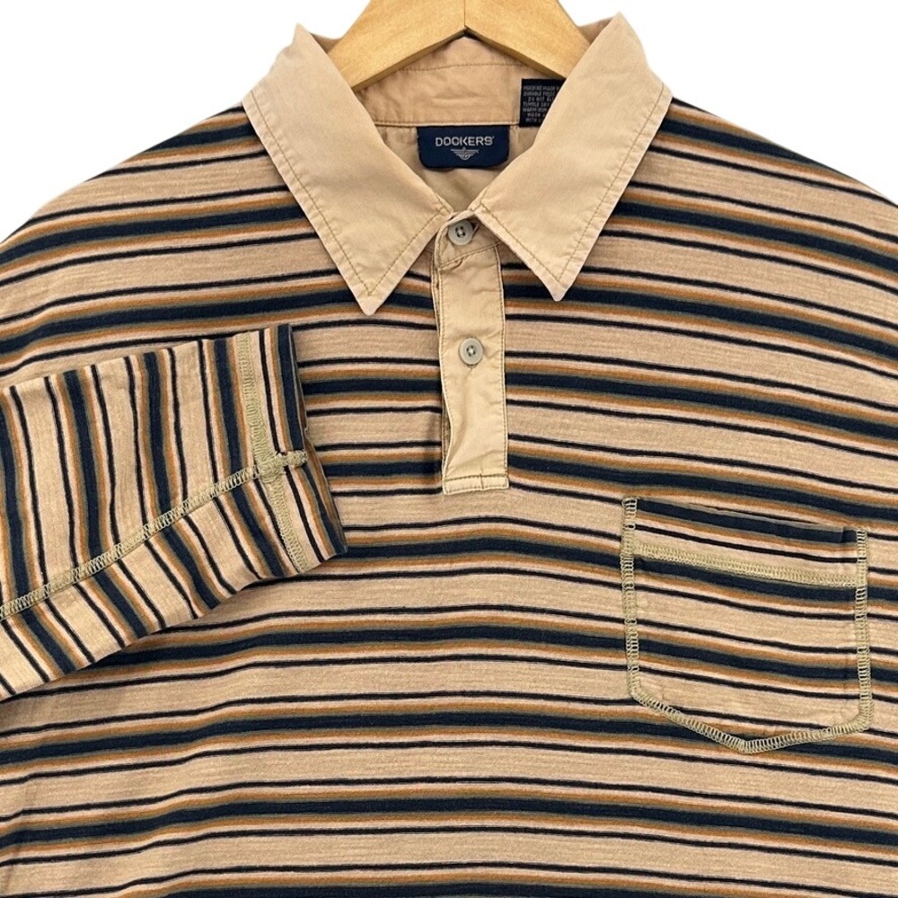 VTG Y2K Dockers Long Sleeve Striped Polo Shirt Tan Brown SZ XL Indiesleeze 2004